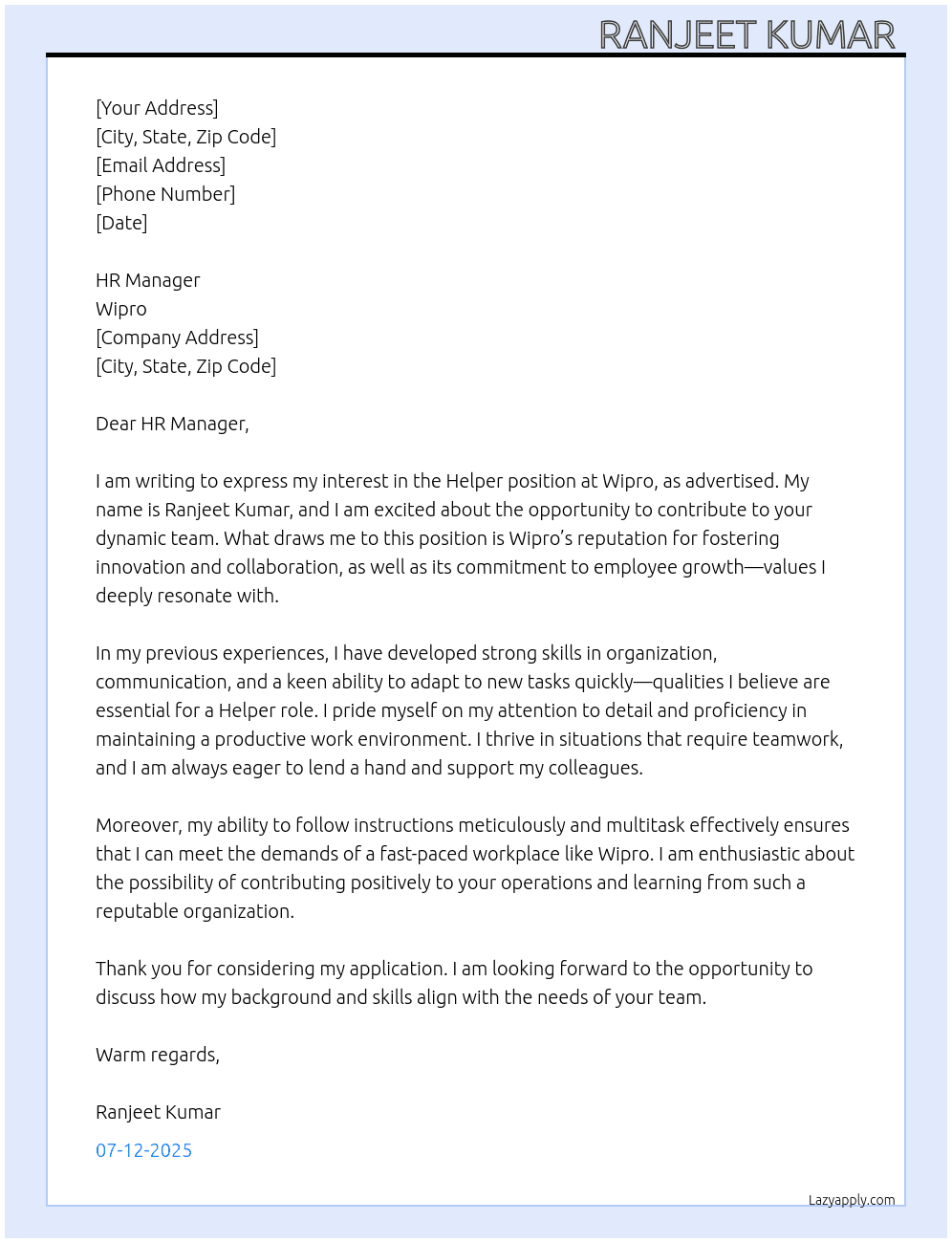Helper  At Wipro  Cover Letter