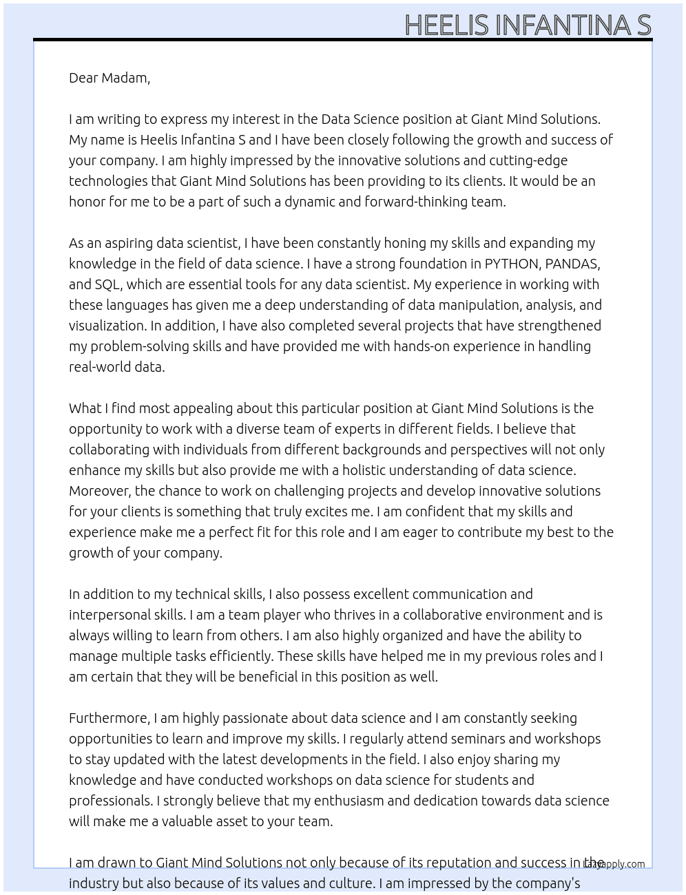 Data Science At Giant Mind Solutions Cover Letter