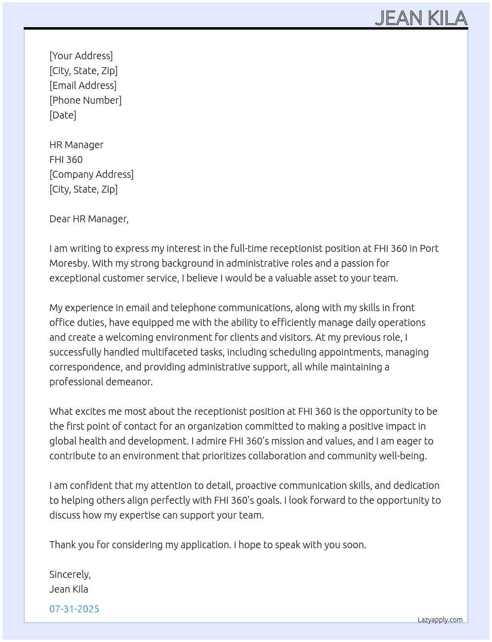 receptionist At fhi360 Cover Letter