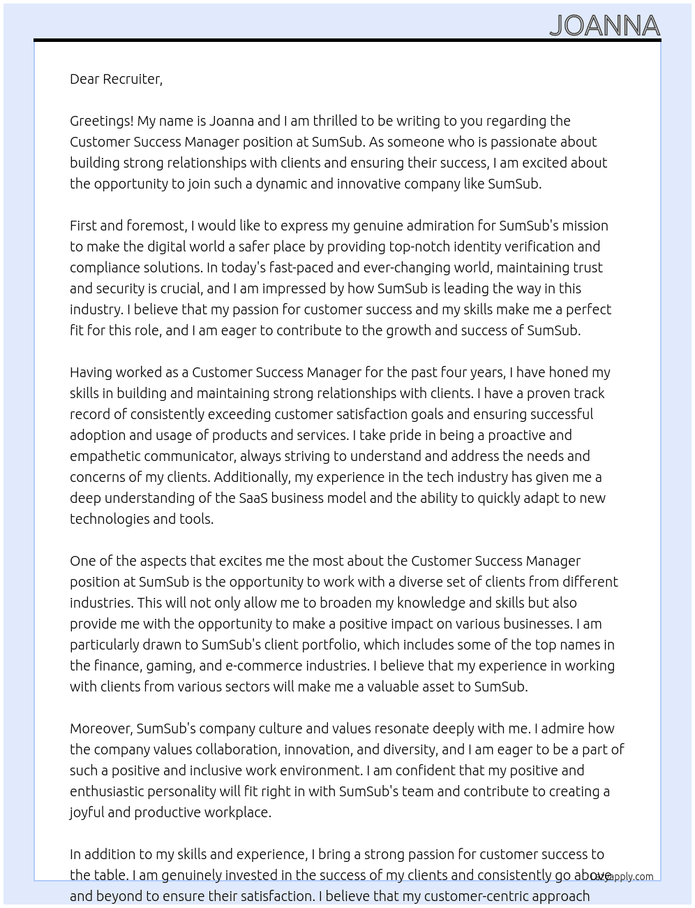 Customer Success Manager At sumsub Cover Letter