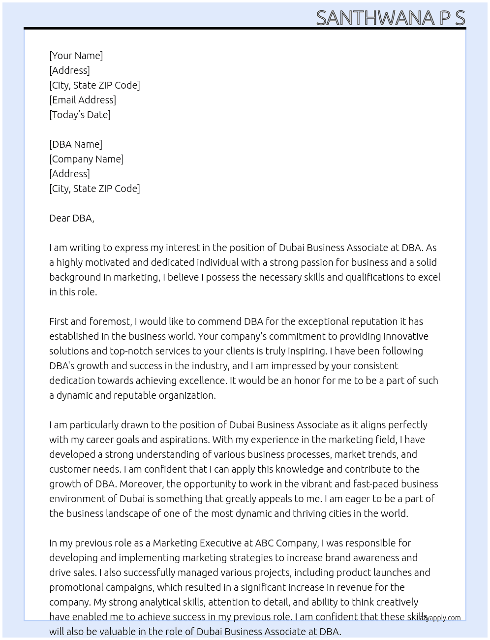 Dubai Business Associate At DBA Cover Letter