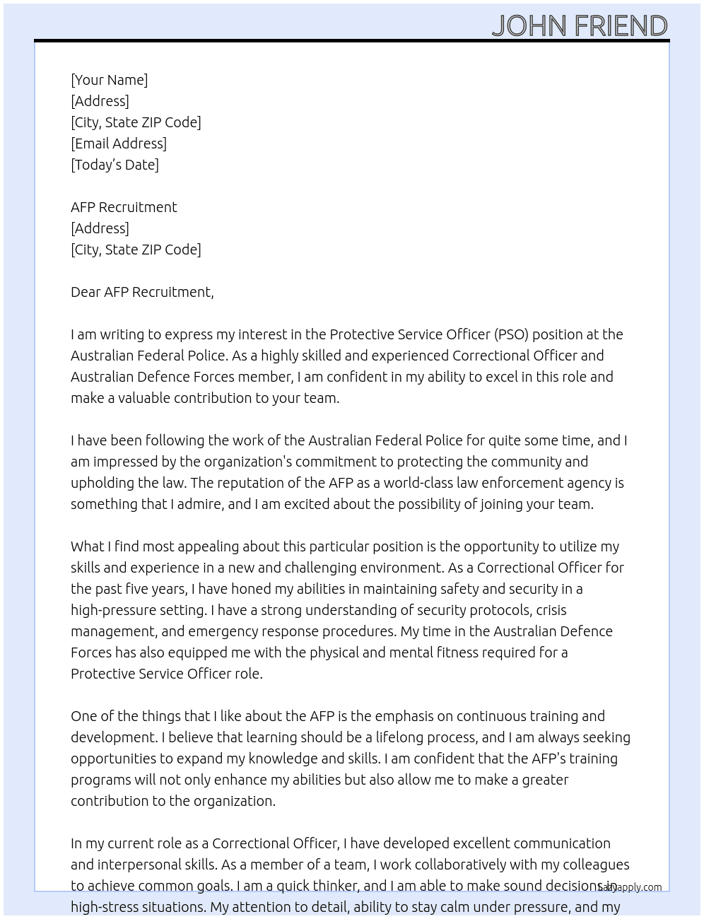 Protective Service Officer (PSO) At Australian Federal Police  Cover Letter