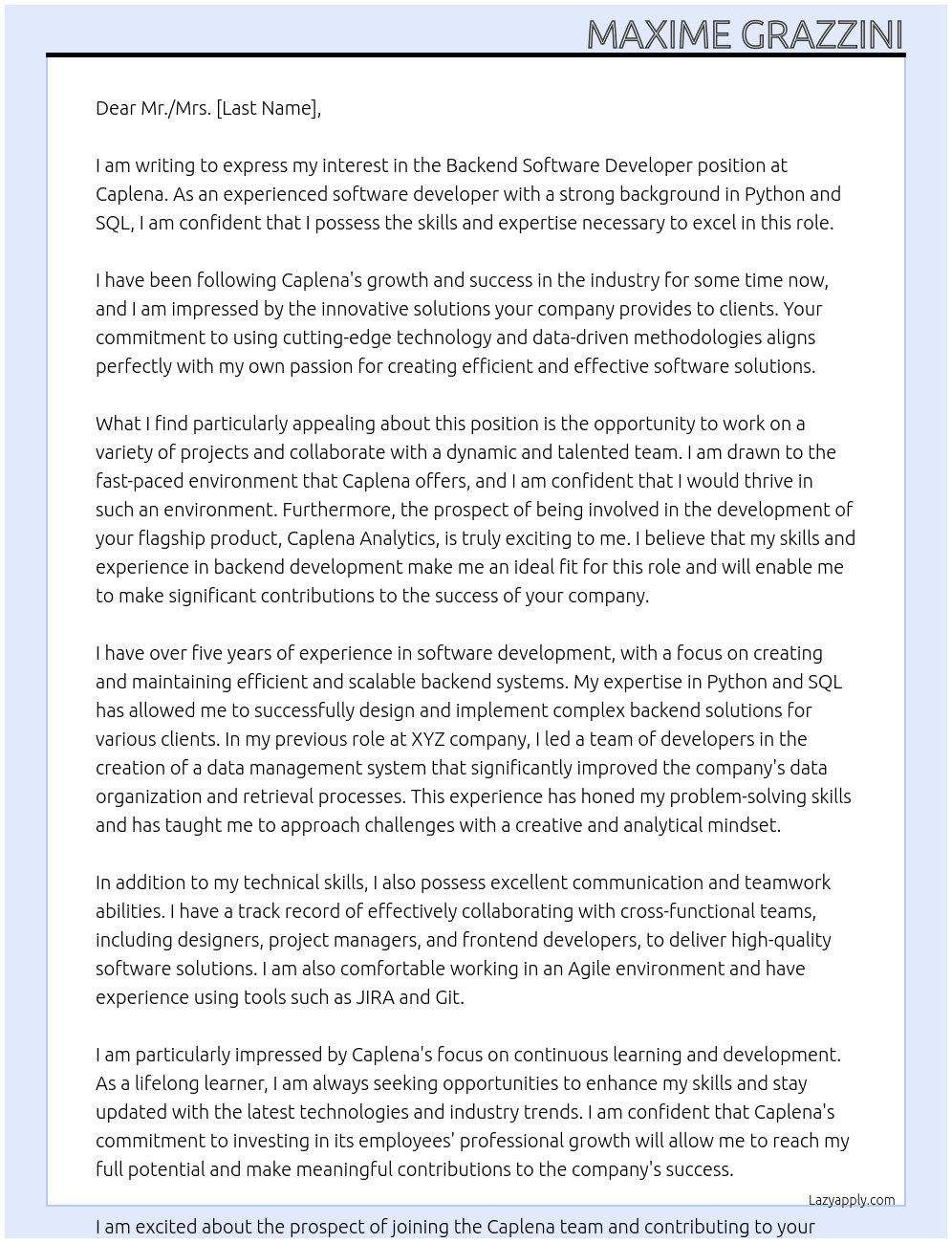 Backend Software Developer At Caplena Cover Letter