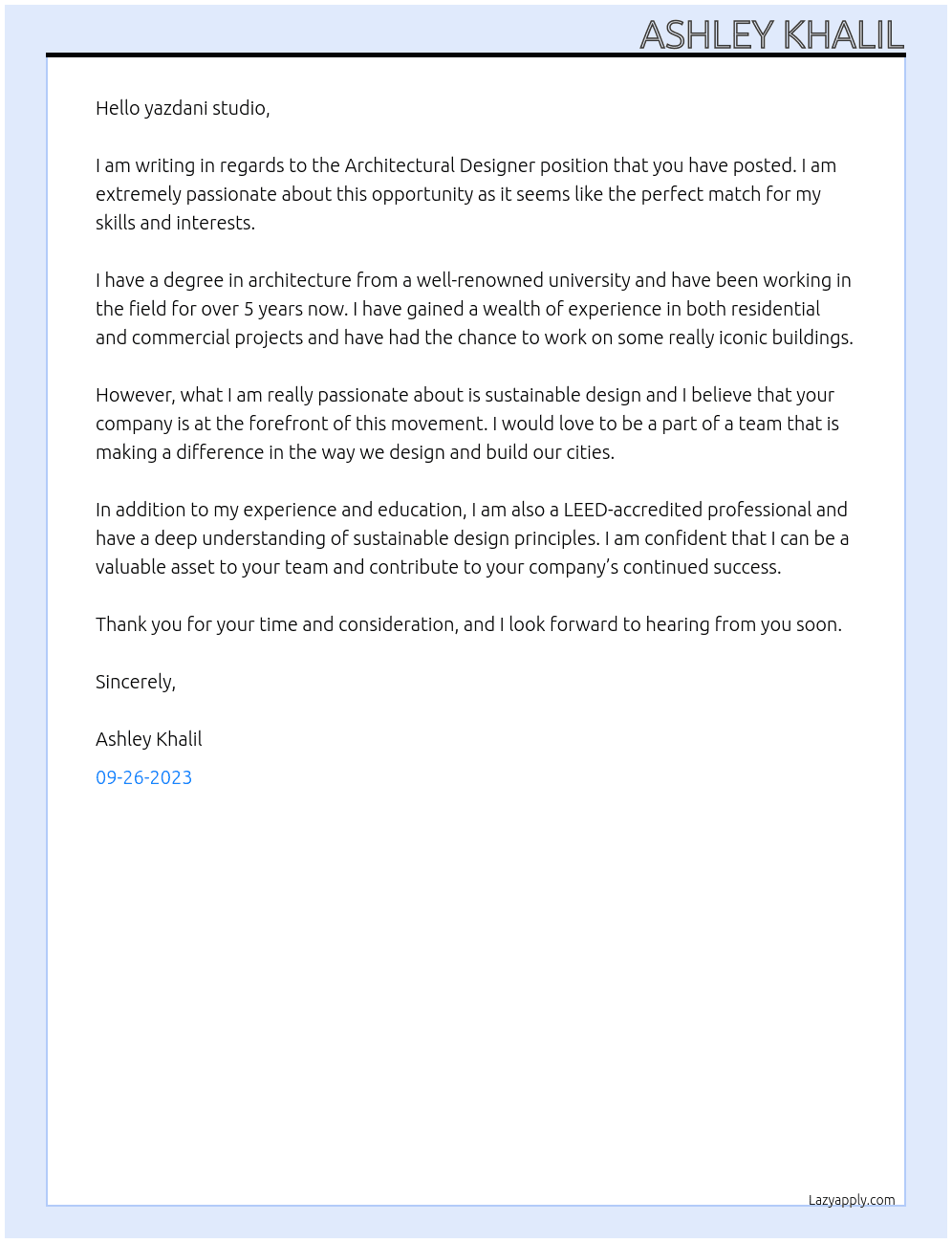 Architectural designer At Cannon Design Cover Letter