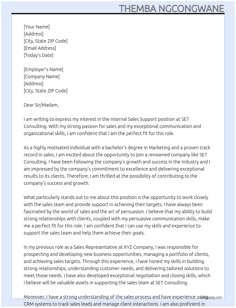 Internal Sales Support At SET Consulting Cover Letter