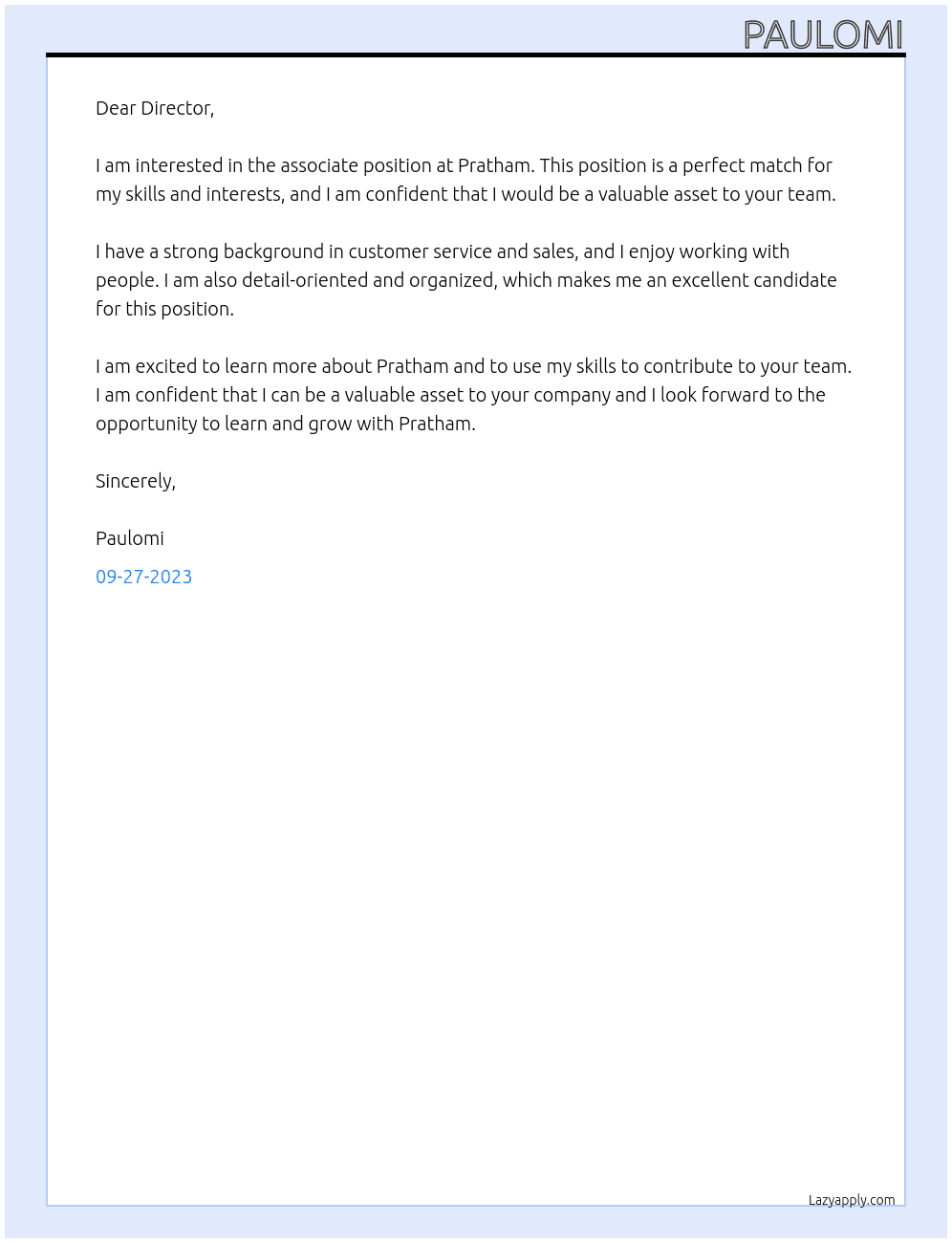 associate At Pratham Cover Letter