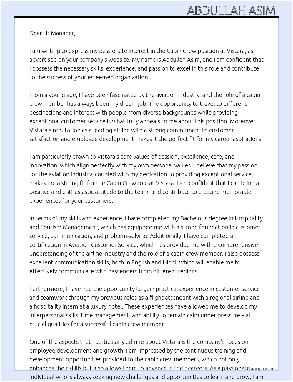 Cabin crew At Vistara Cover Letter
