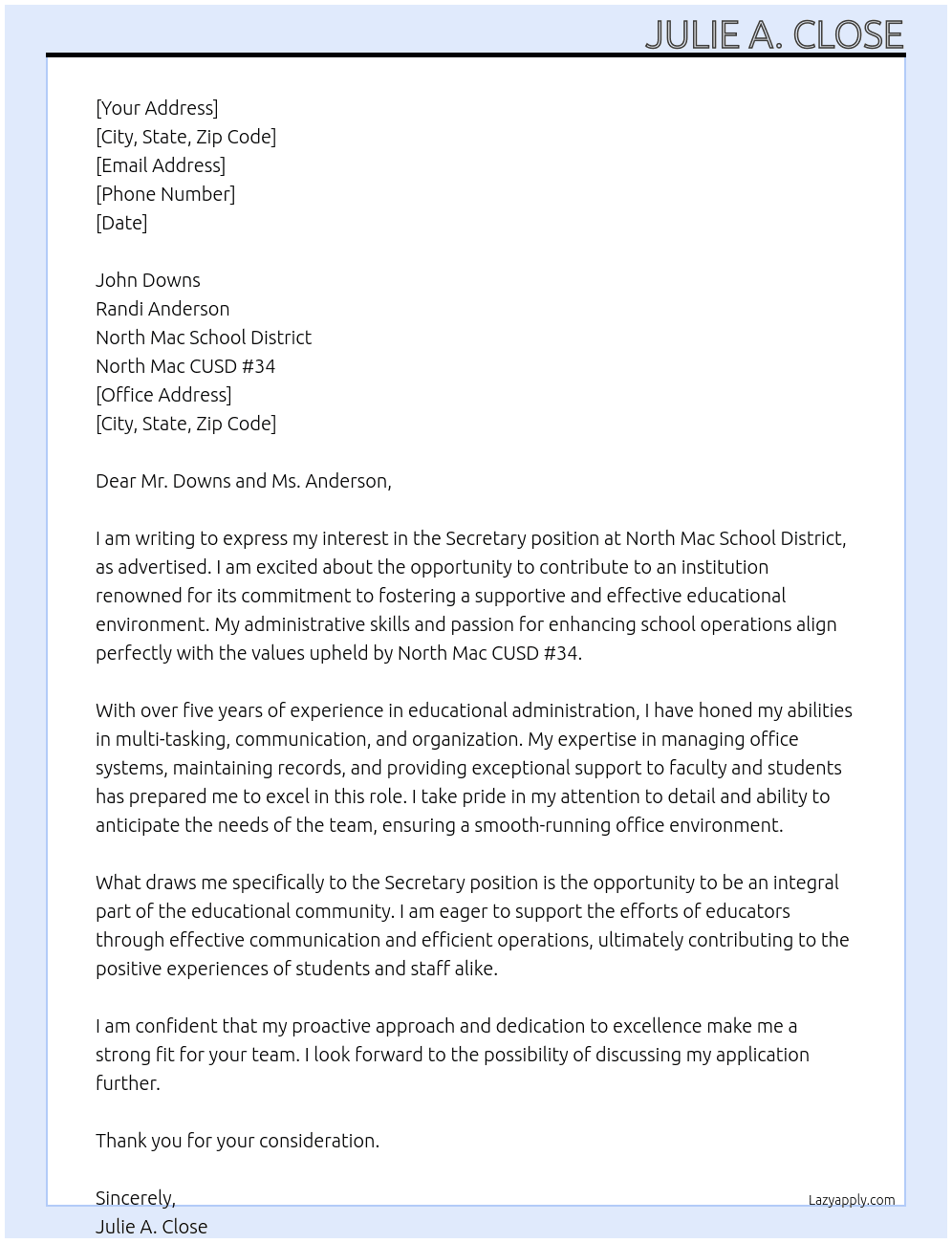 Secretary At North Mac School District Cover Letter