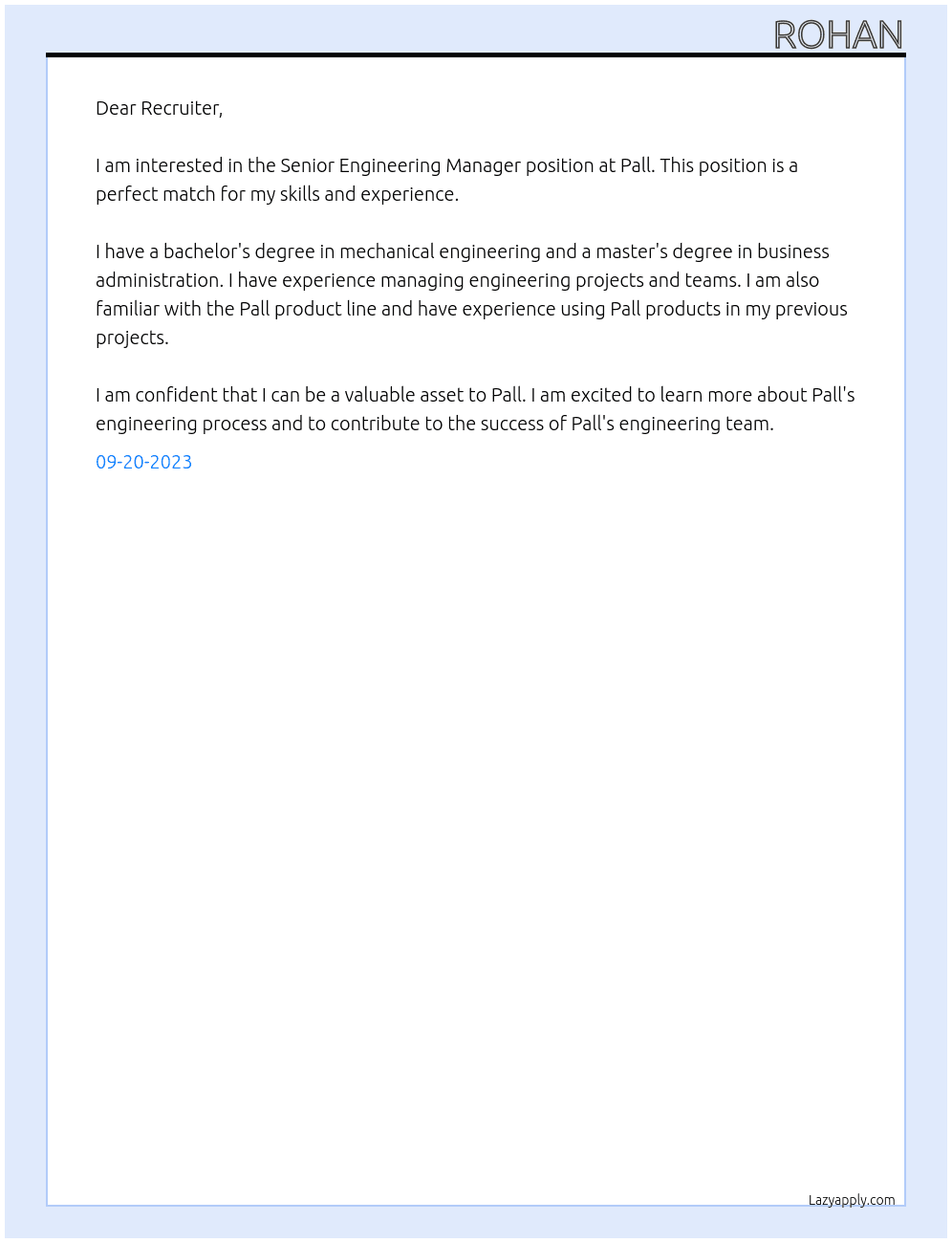 Senior Engineering Manager At Pall Cover Letter