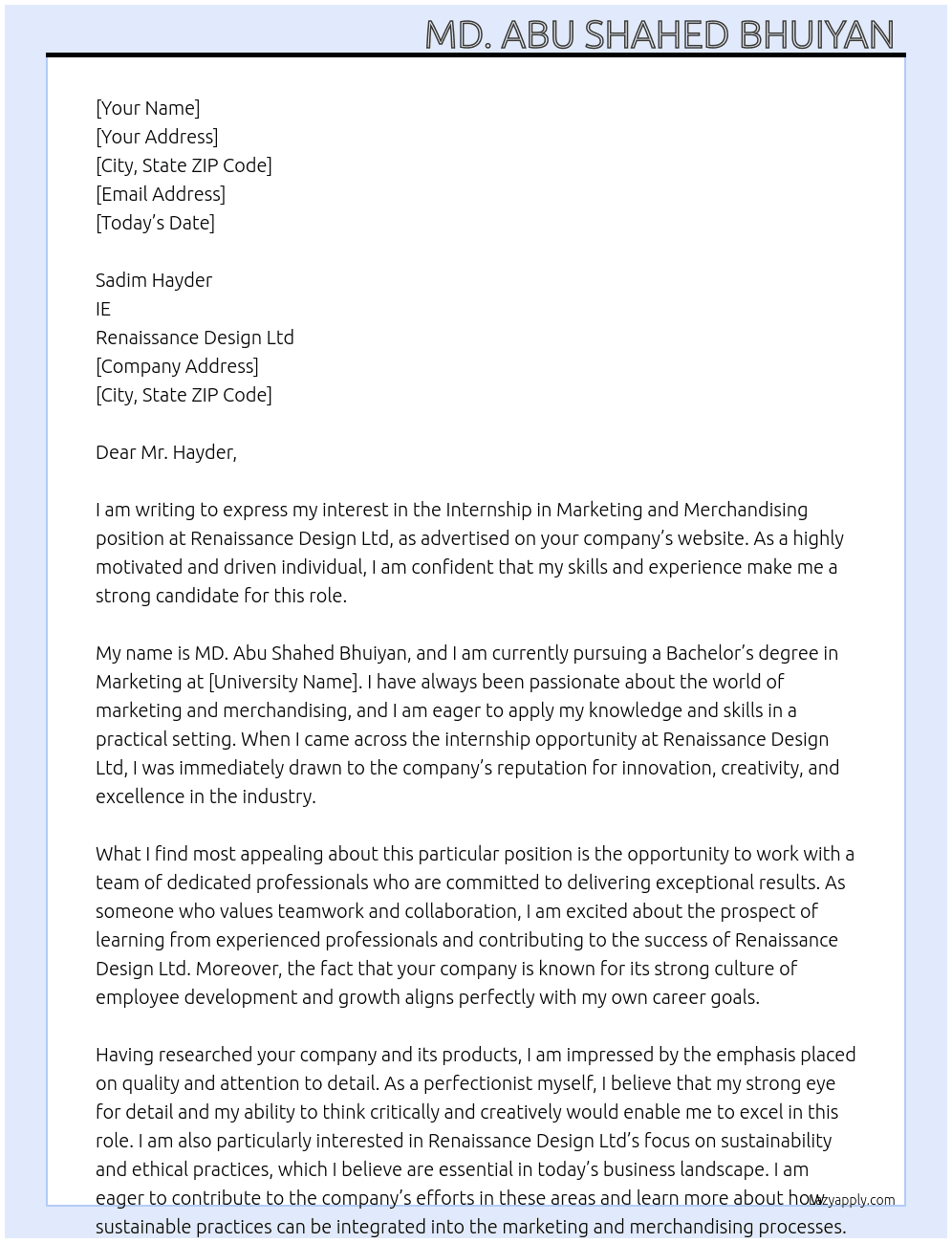 Internship in marketing & marchandising At Renaissance Design Ltd Cover Letter