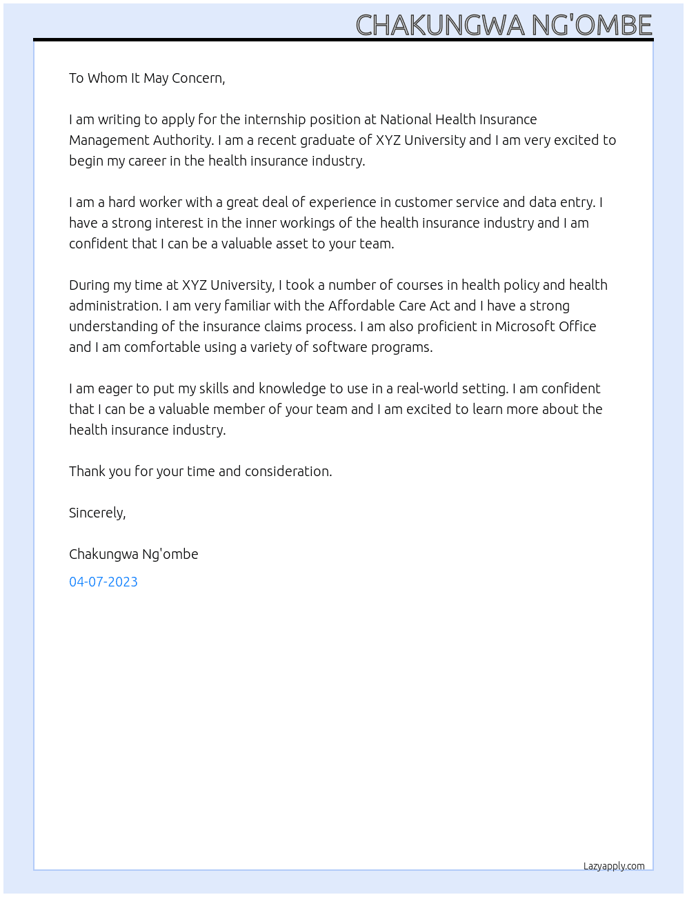 Internship At National Health Insurance Management Authority Cover Letter