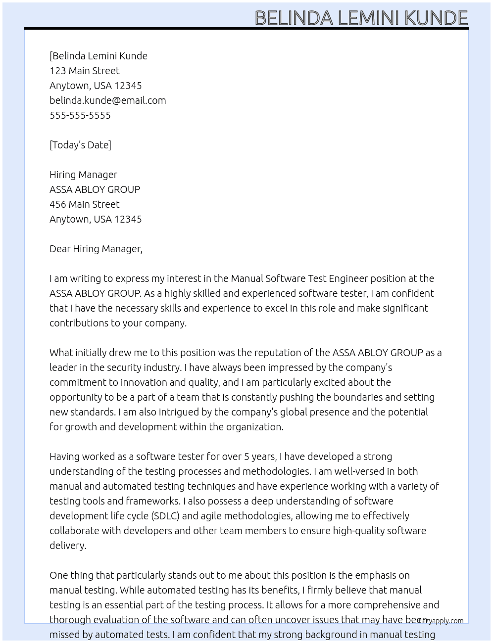 Manual Software Test Engineer At ASSA ABLOY GROUP Cover Letter