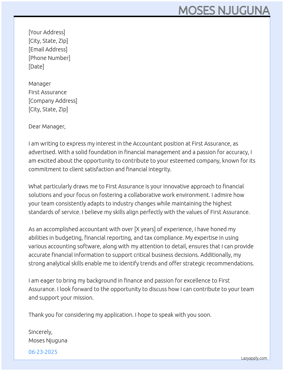 Accountant At first assurance Cover Letter