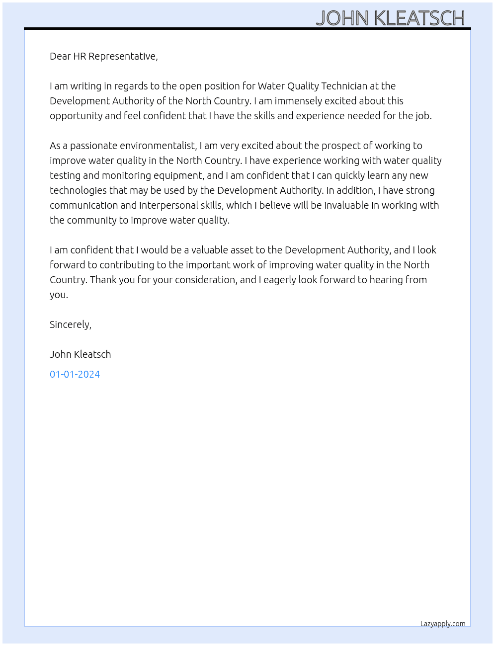 Water Quality Technician  At Development Authority of the North Country  Cover Letter