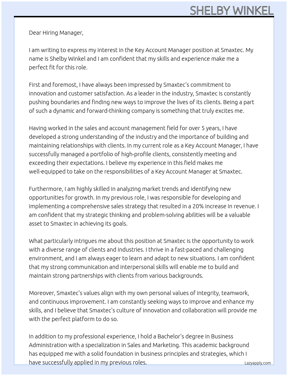 Key account manager At Smaxtec  Cover Letter