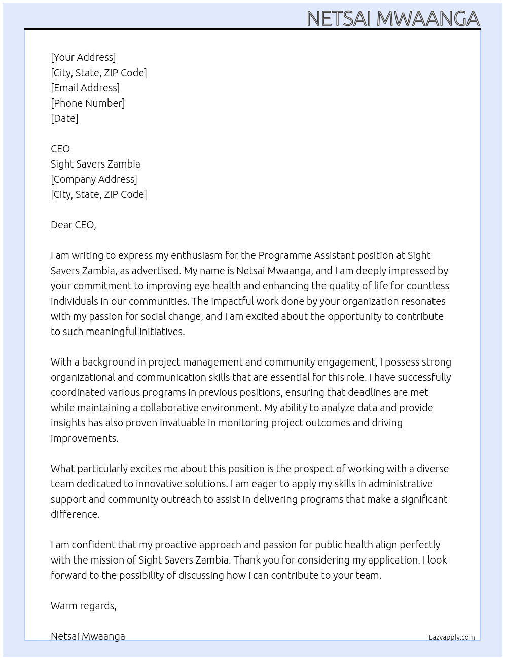 programme assistant At Sight Savers Zambia Cover Letter