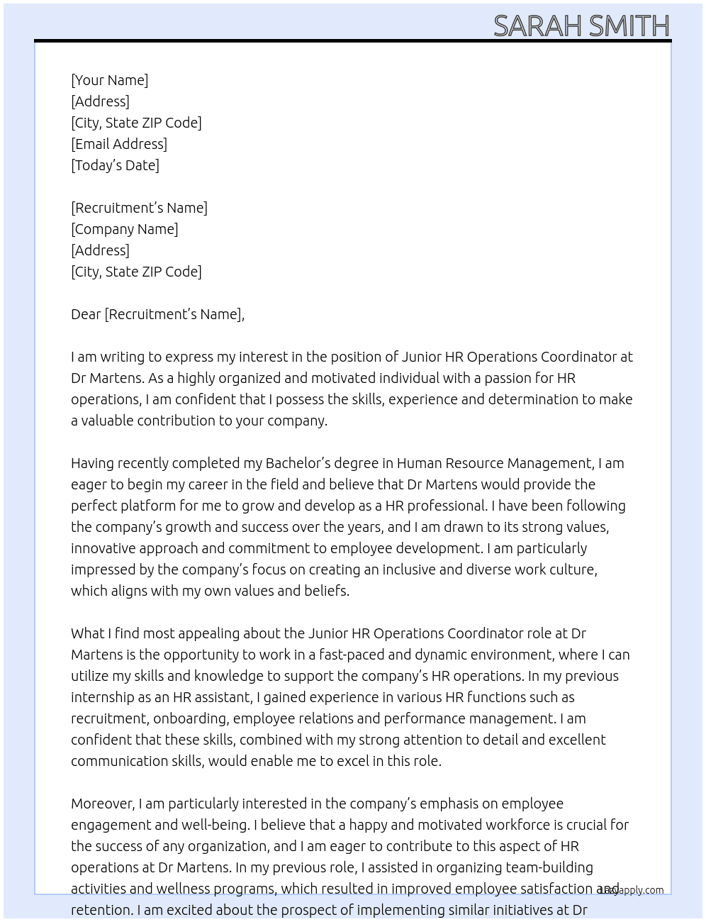 Junior HR operations coodinator  At Dr Martens  Cover Letter