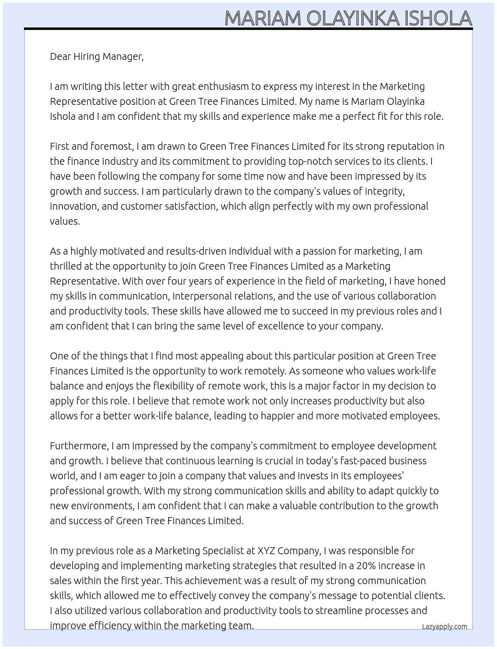 Marketing Representative At Green Tree Finances Limited Cover Letter