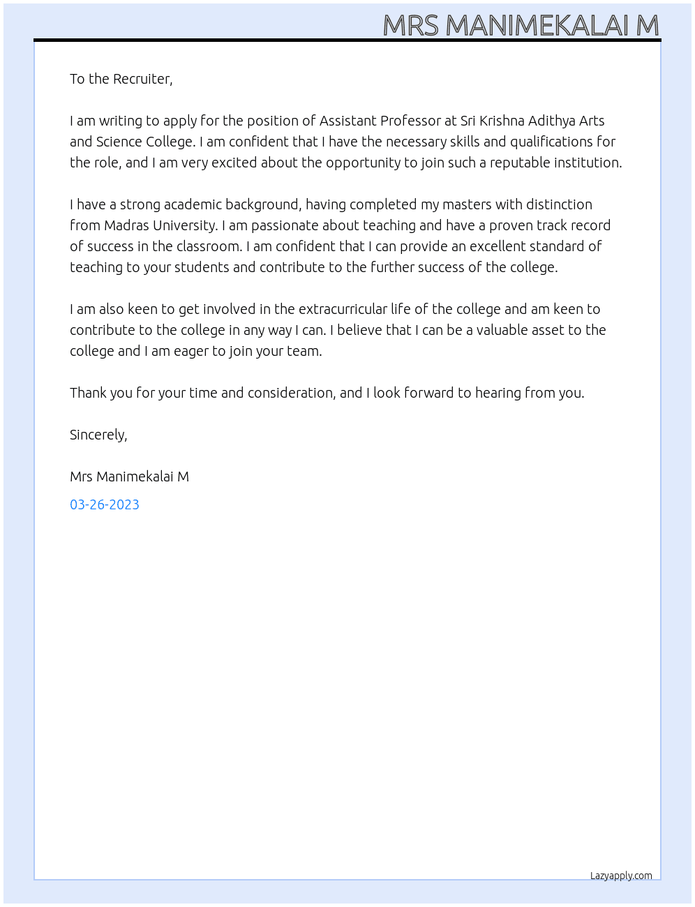 Assistant Professor  At Sri Krishna Adithya Arts and Science College  Cover Letter