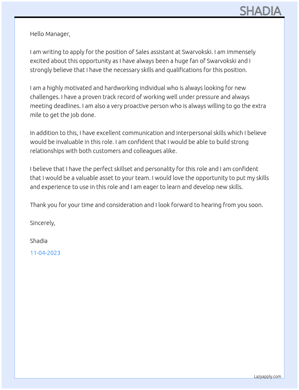 Sales assistant  At Swarvokski  Cover Letter