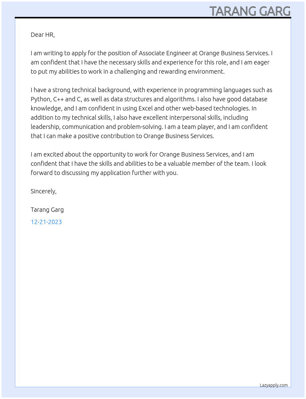 Associate Engineer At Orange Bussiness Services Cover Letter