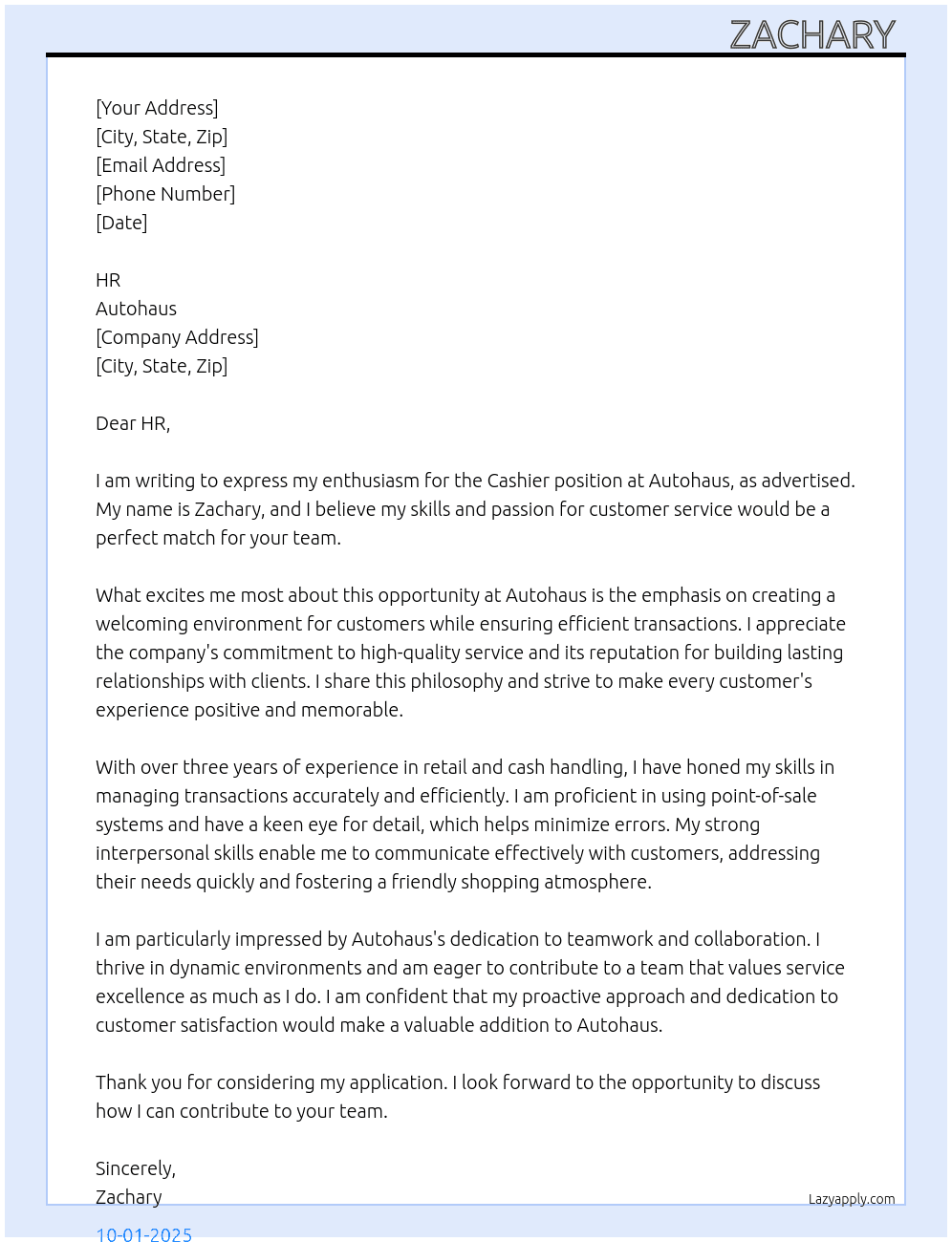 Cashier At Autohaus Cover Letter