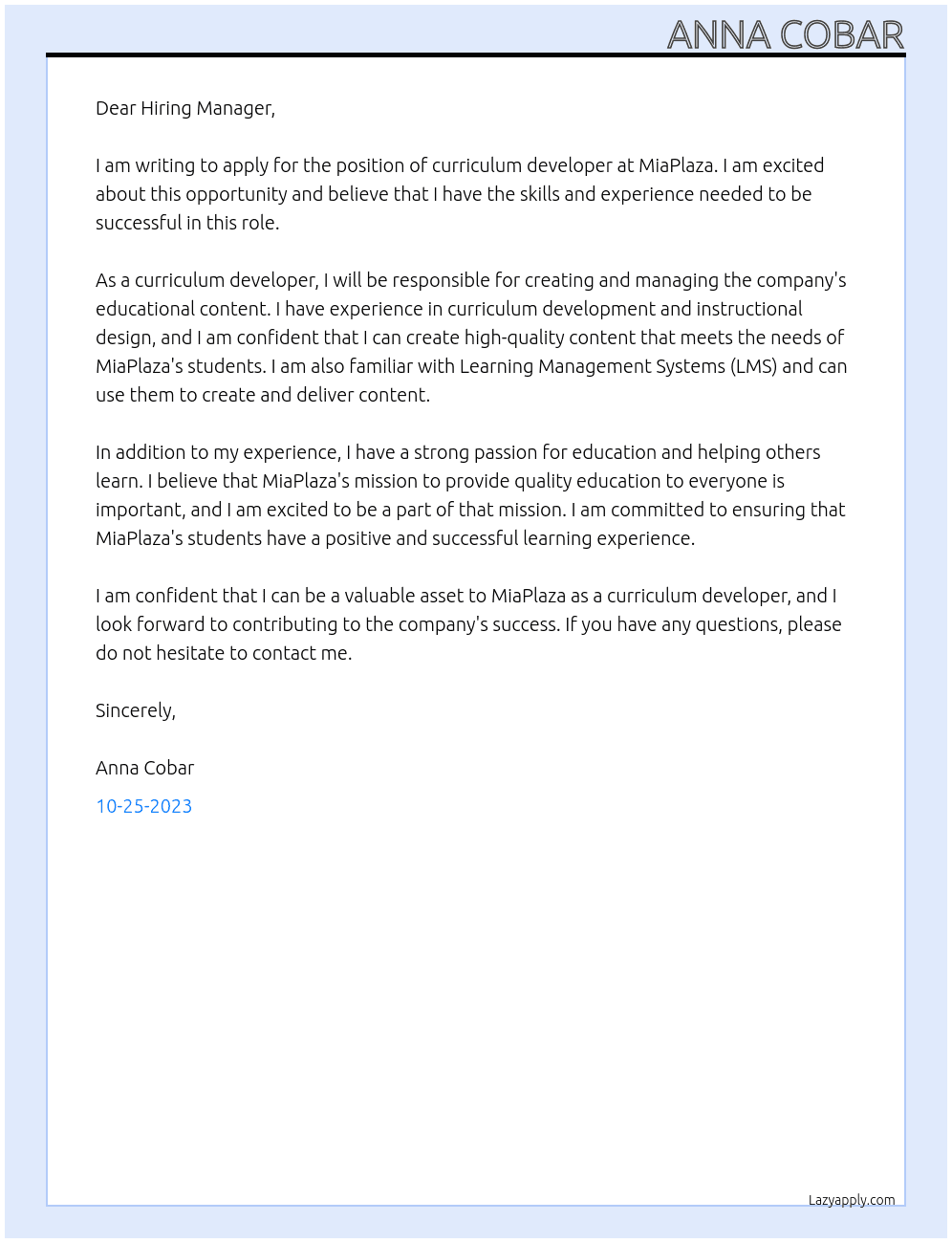 curriculum developer At MiaPlaza Cover Letter