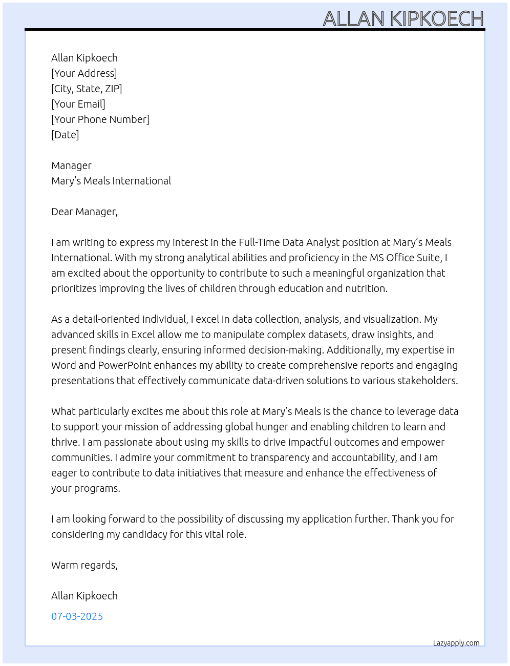 DATA ANALYST At Mary’s Meals International Cover Letter