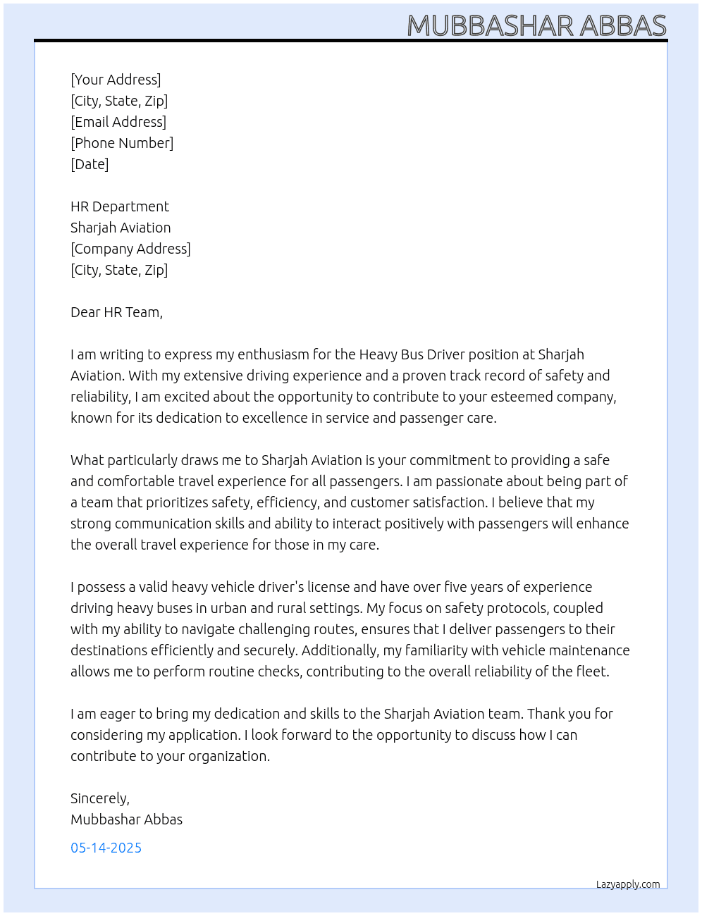 Heavy bus driver At Sharjah aviation Cover Letter