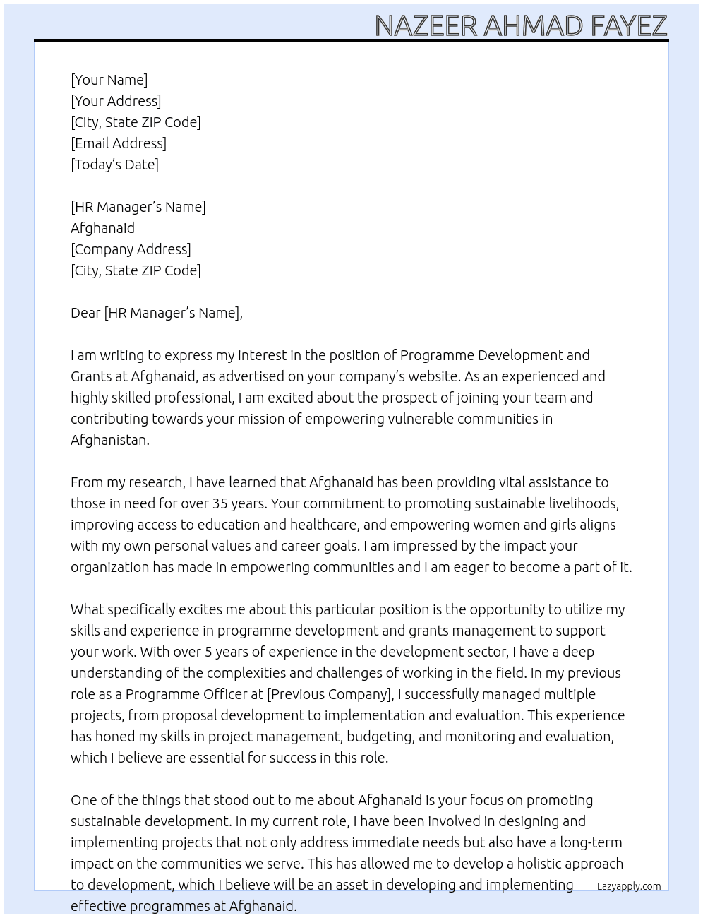 Programme Development and Grants At Afghanaid Cover Letter