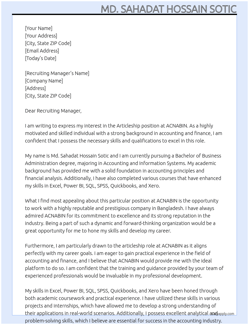 Articleship  At ACNABIN Cover Letter