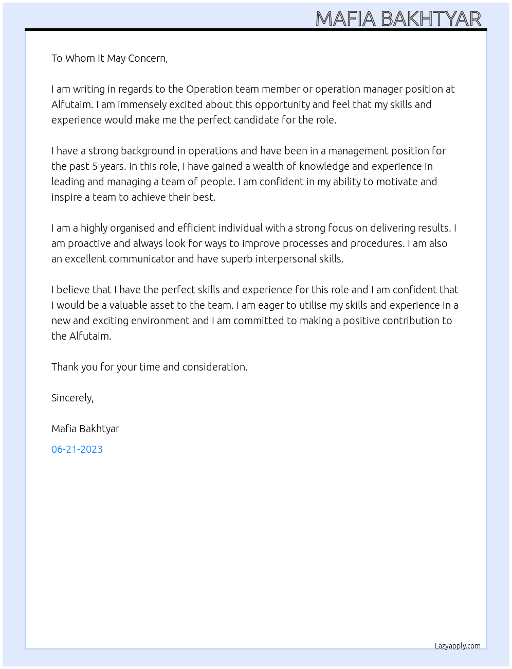 Operation team member or operation manager  At Alfutaim  Cover Letter