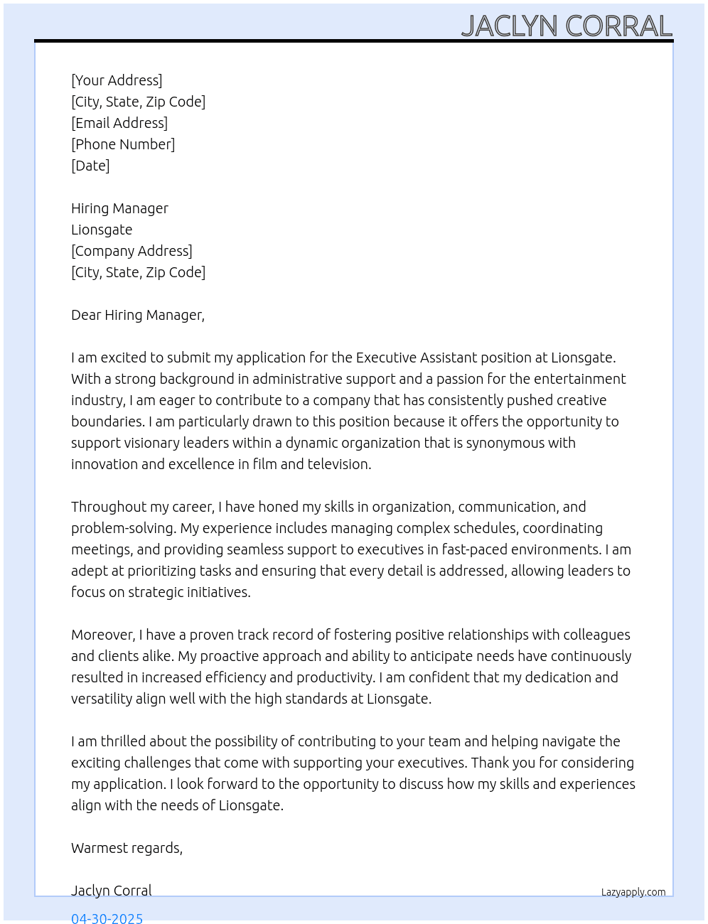 Executive Assistant  At Lionsgate Cover Letter