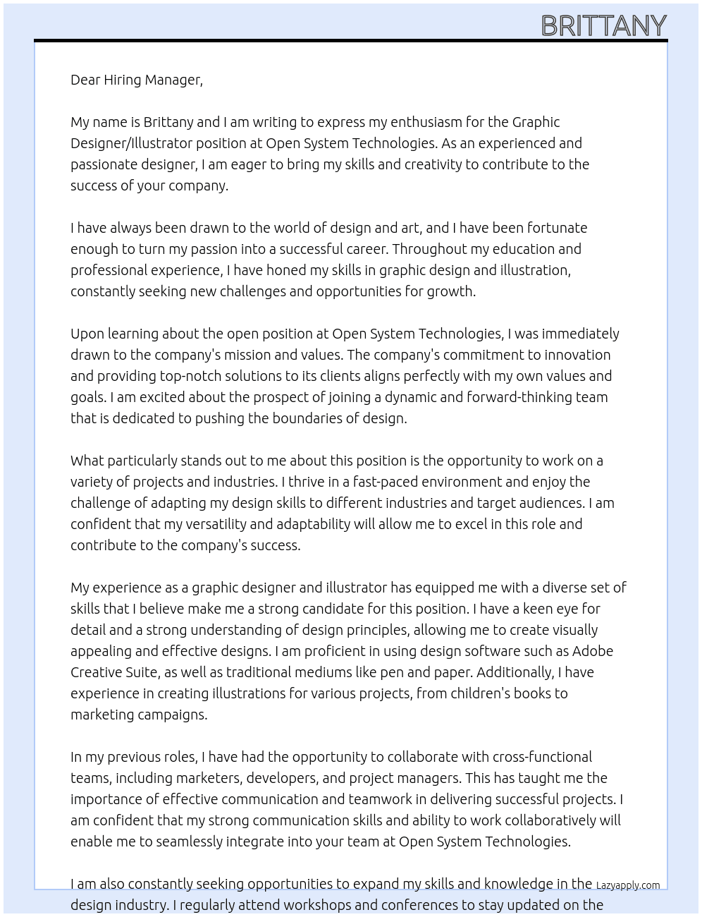 Graphic Designer/Illustrator  At Open System technologies  Cover Letter
