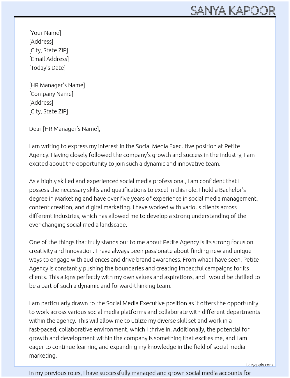 Social Media Executive At Petite Agency Cover Letter
