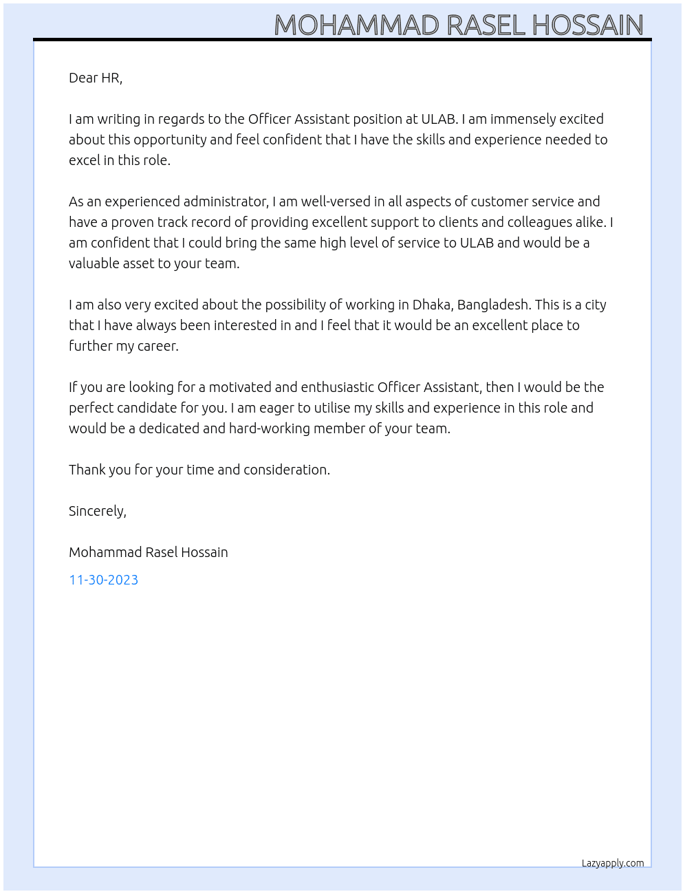 Officer Assistant At ULAB Cover Letter