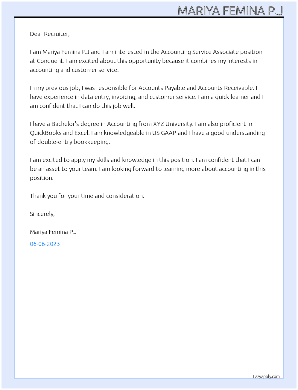 Accounting Service Associate At Conduent Cover Letter