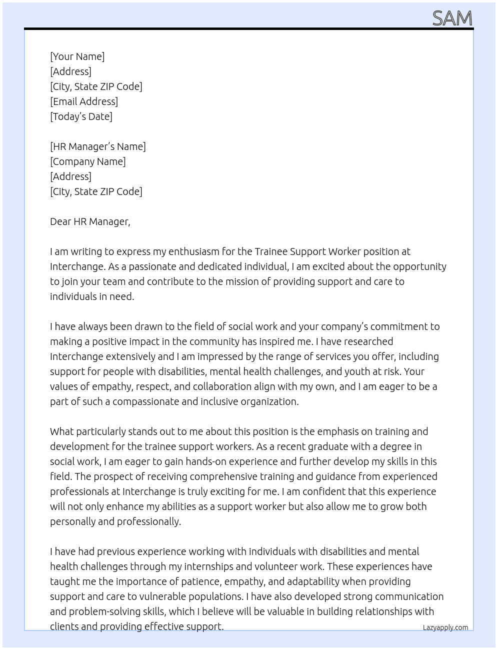 Trainee Support Worker At Interchange Cover Letter