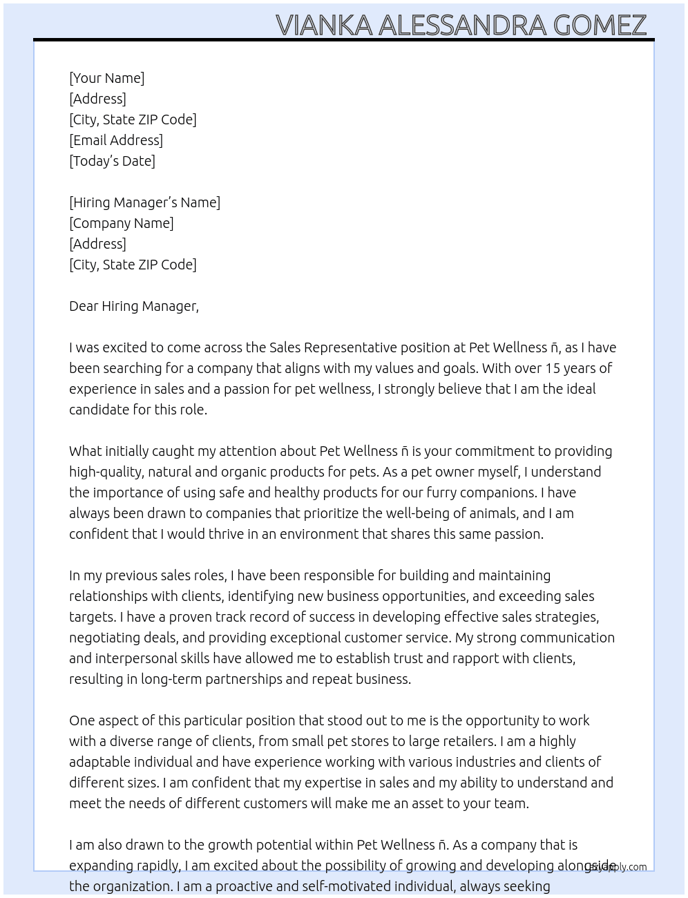 Sales At Pet Wellness ñ Cover Letter