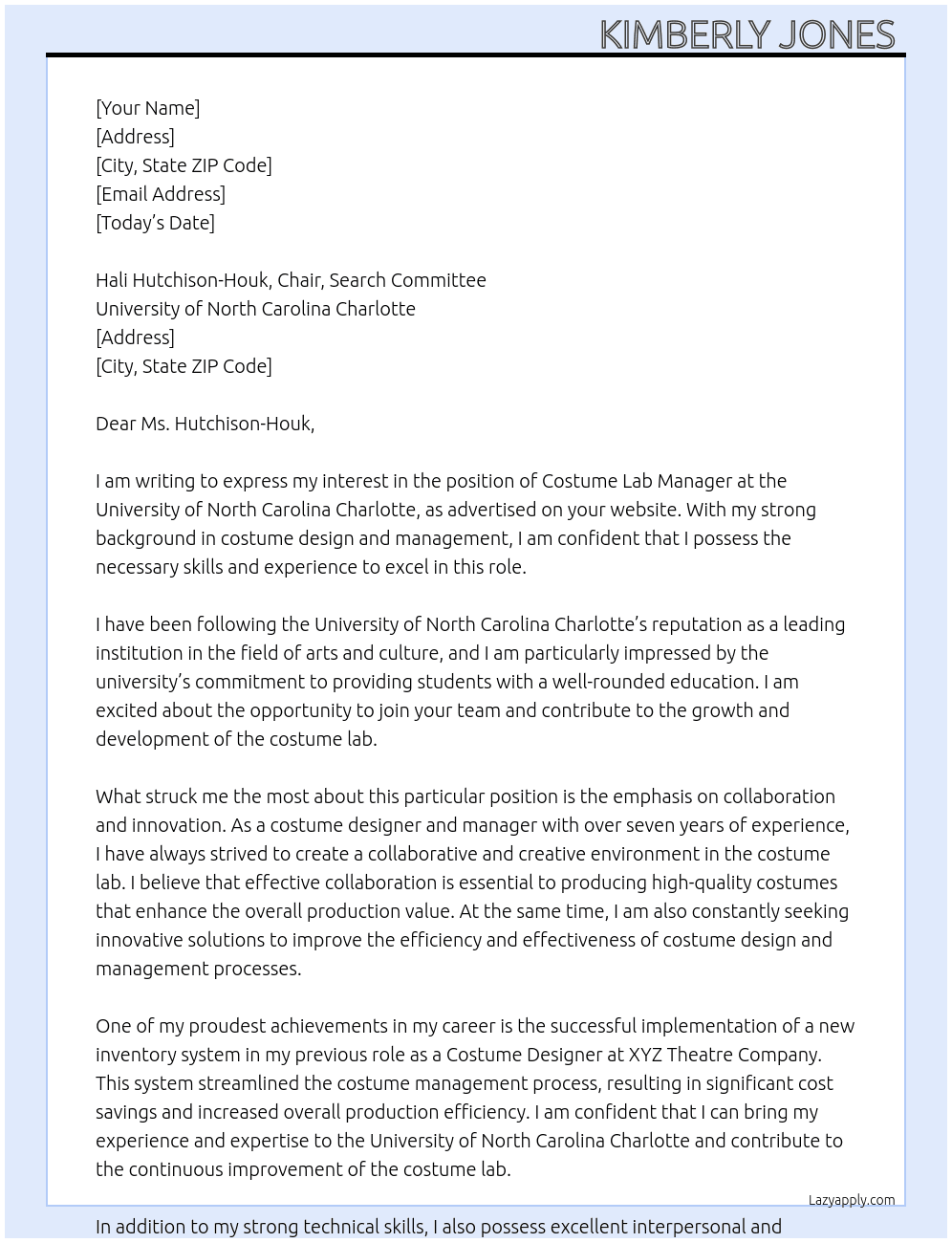 Costume Lab Manager At University of North Carolina Charlotte  Cover Letter