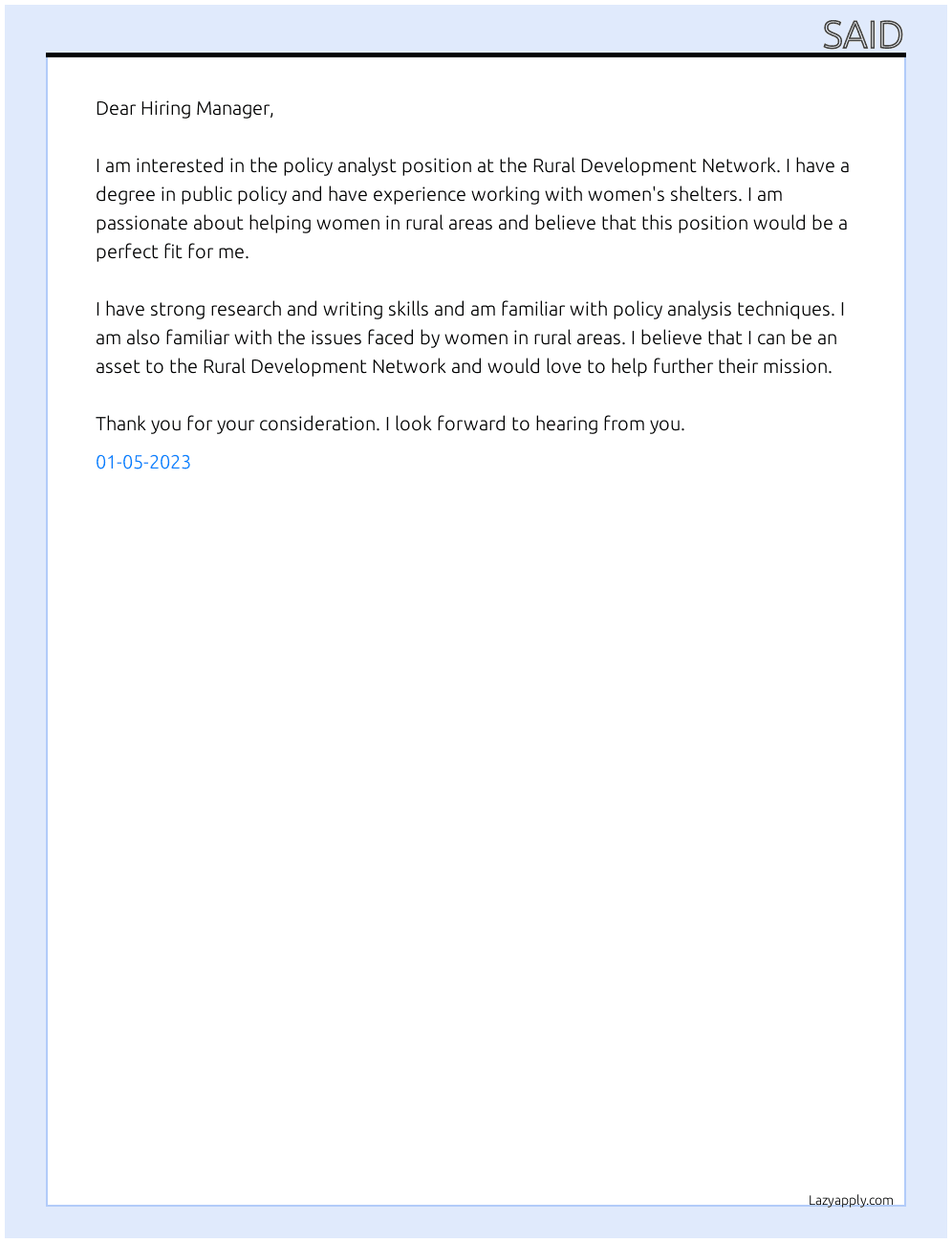 policy analyst womens shelter At Rural development network  Cover Letter