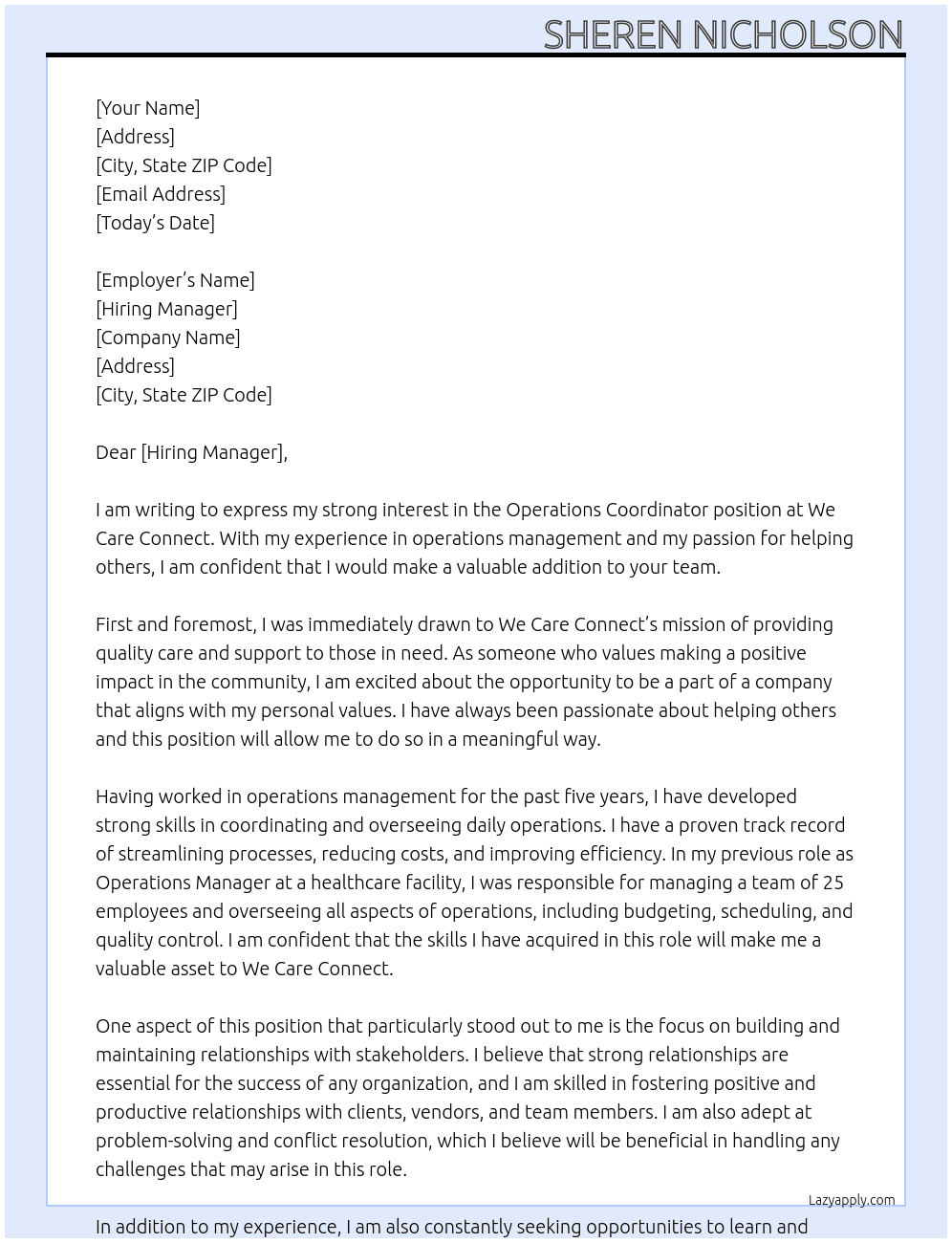 operations co ordinaror At we care connect Cover Letter