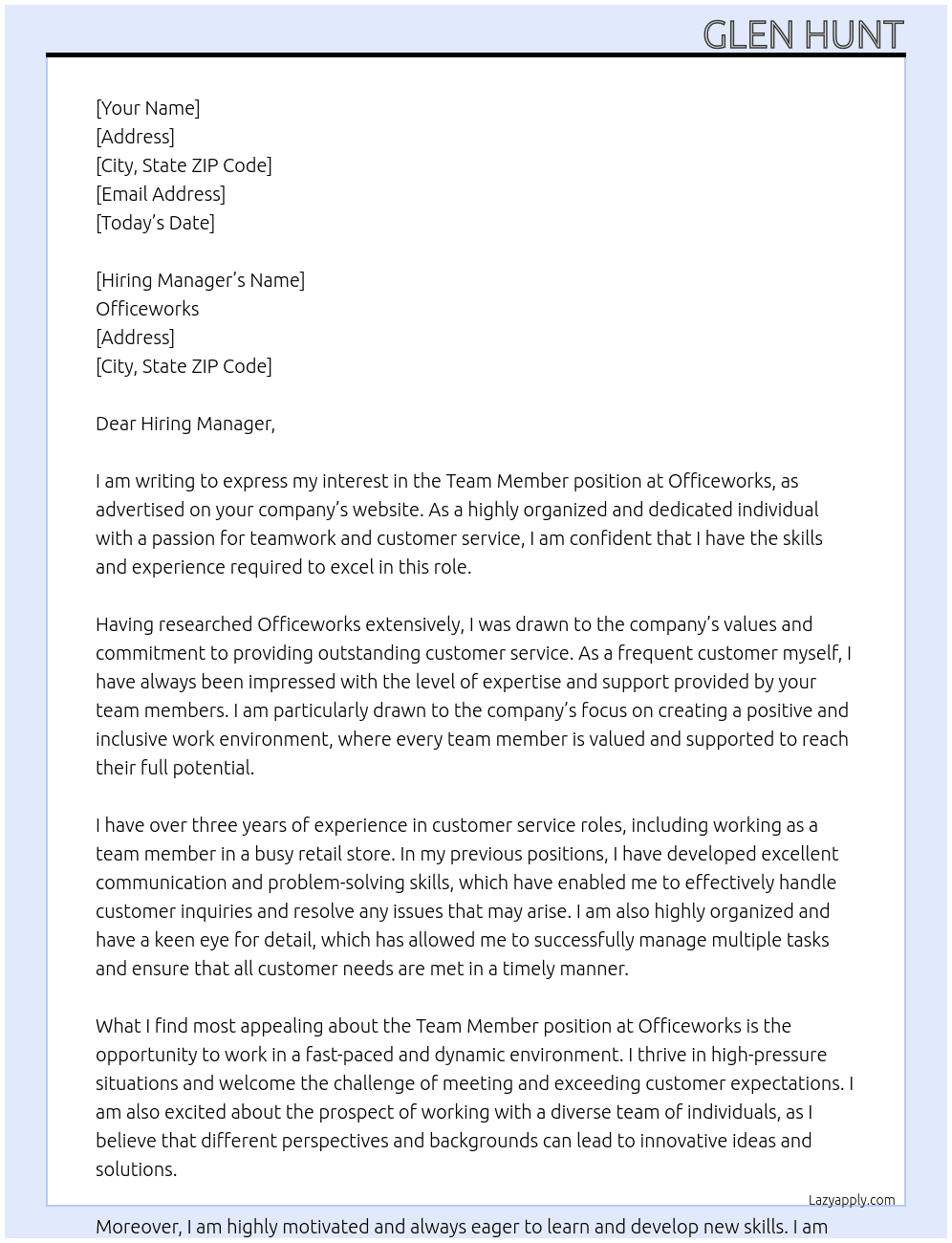 Team Member At Officeworks Cover Letter