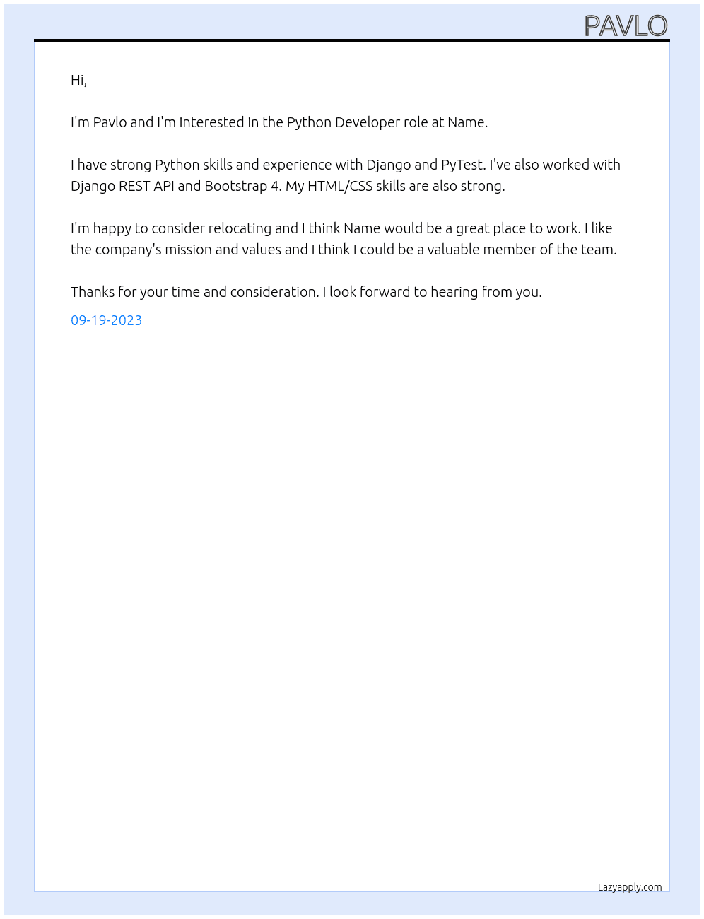 Python Developer At Name Cover Letter