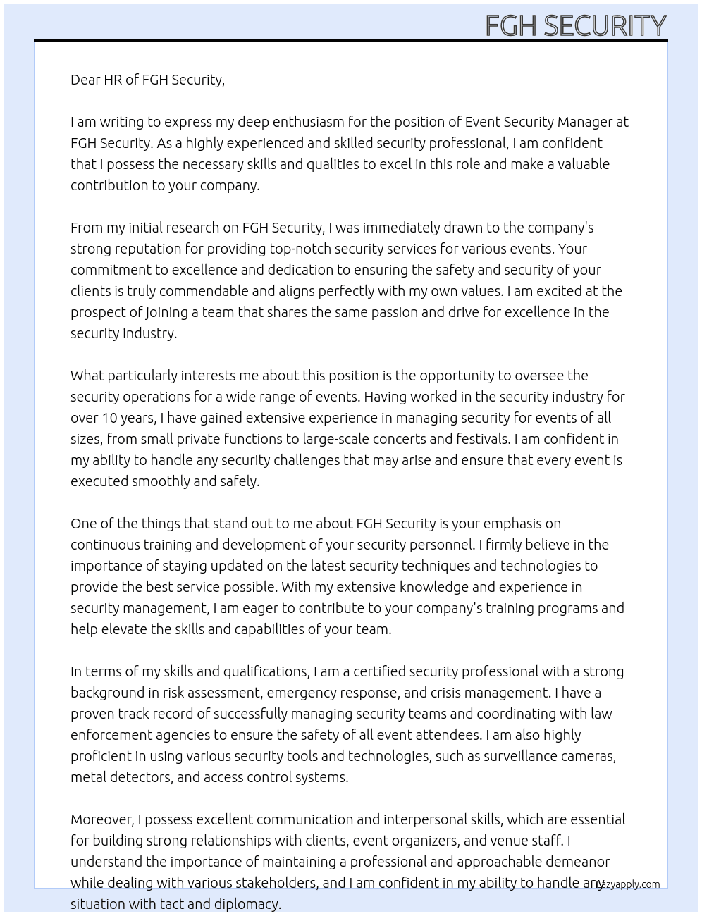 Event Security Manager At FGH Security Cover Letter