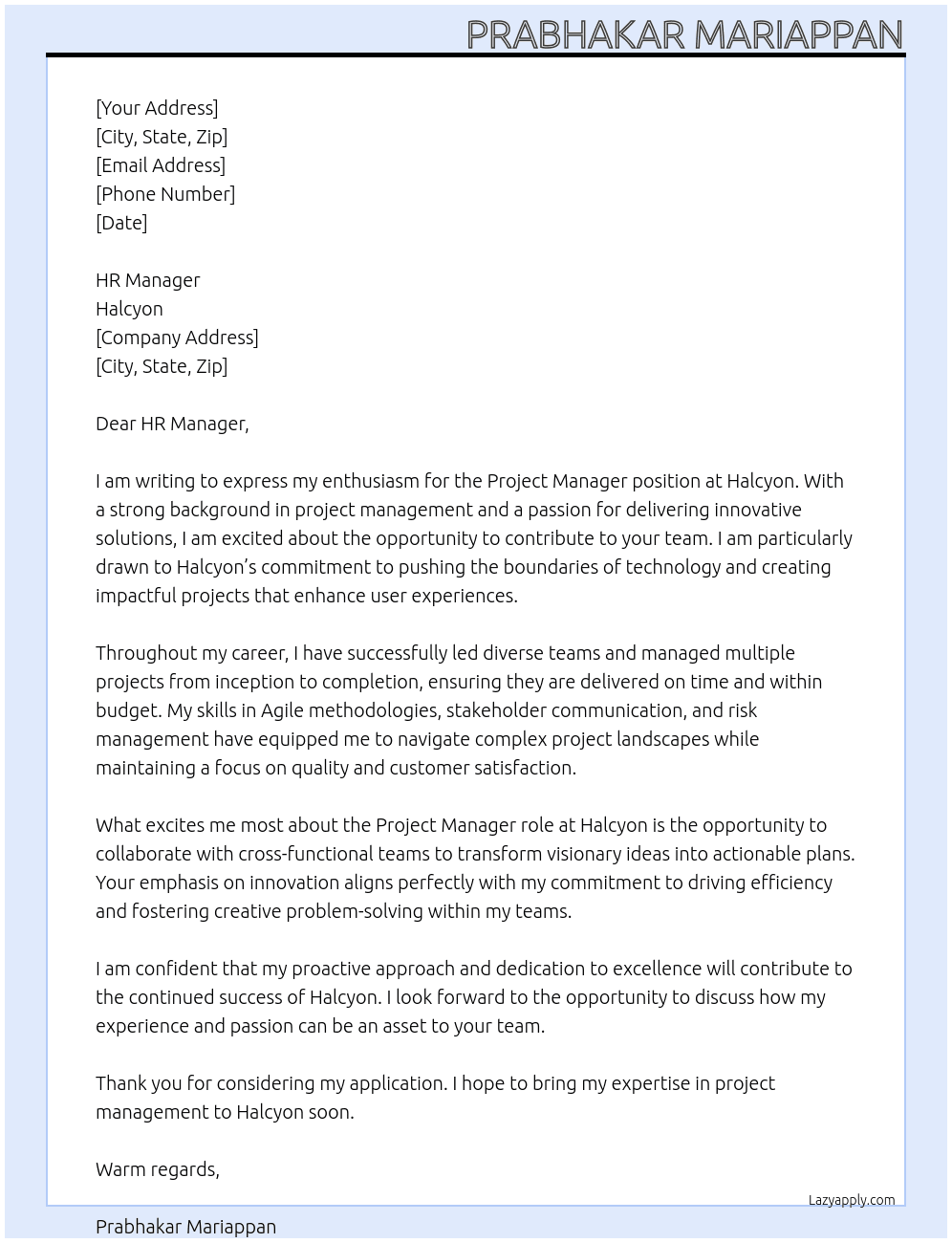 Project Manager At Halcyon Cover Letter