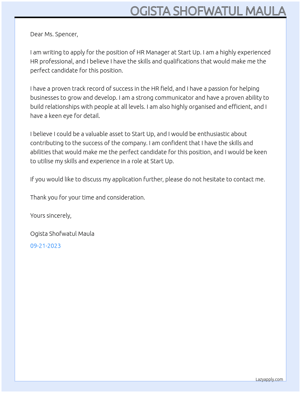 HR Manager At Start Up Cover Letter
