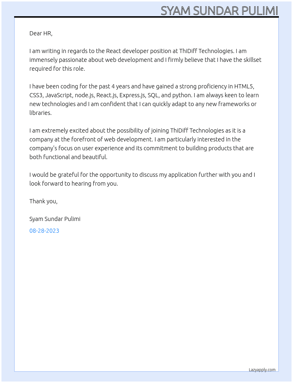 React devoloper At ThiDiff Technologies Cover Letter