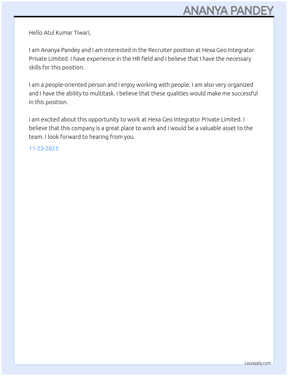 Recruiter At Hexa Geo Integrator Private Limited Cover Letter