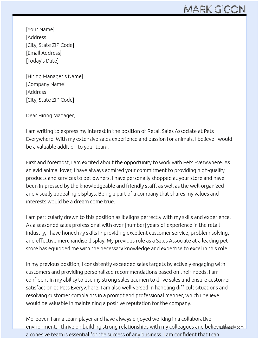 Retail Sales Associate  At Pets Everywhere  Cover Letter